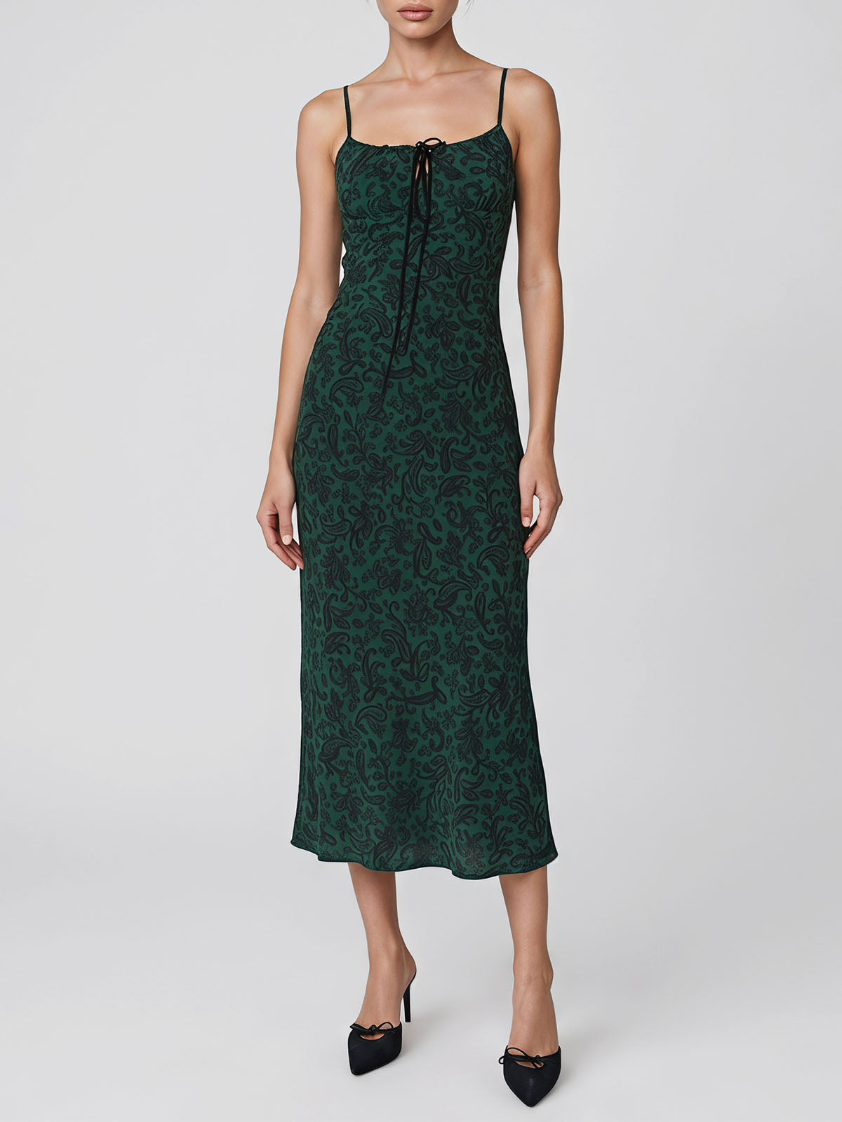 Vintage Paisley Tie Neck Silk Crepe Slip Midi Dress - Emerald Green