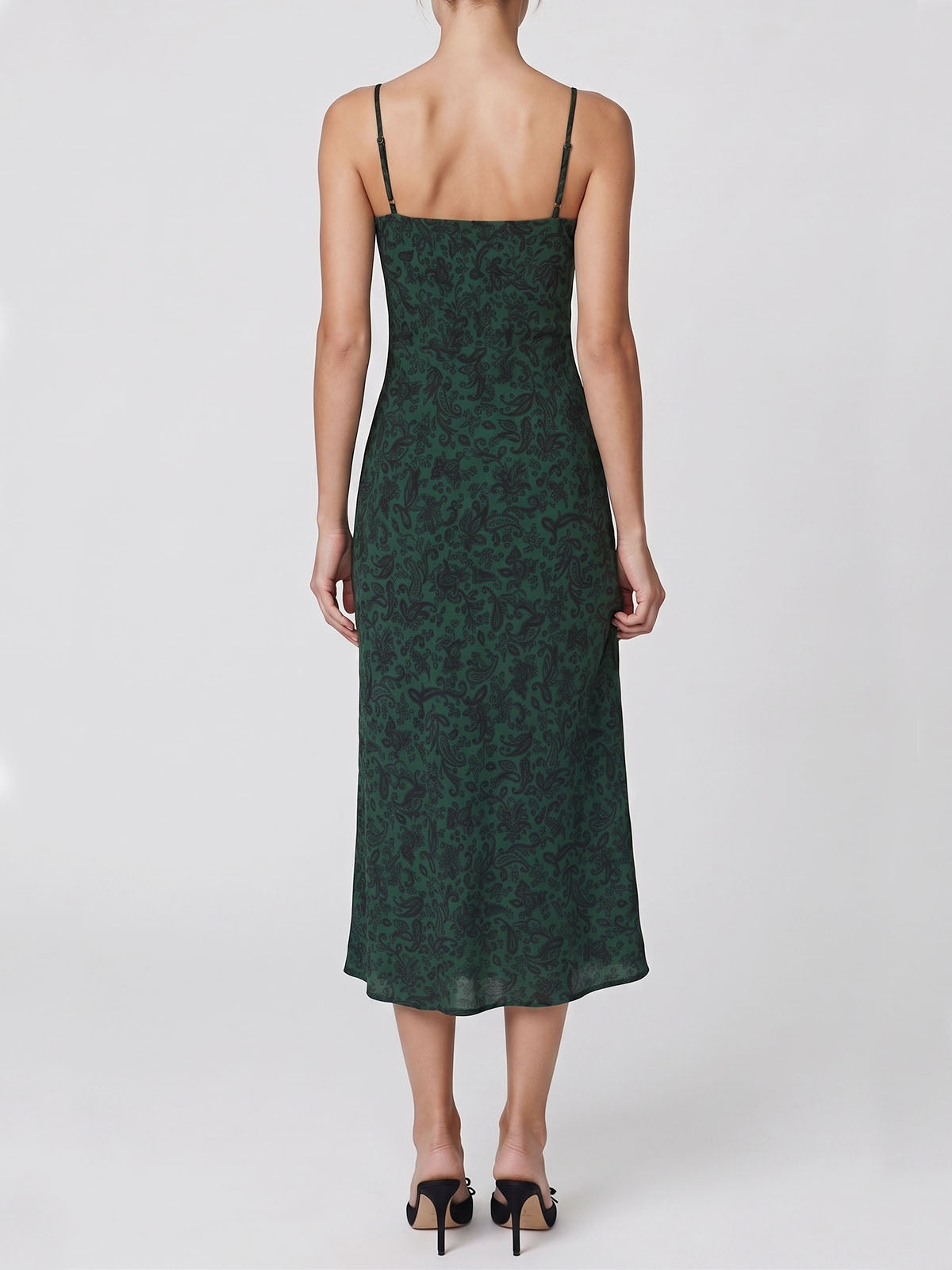 Vintage Paisley Tie Neck Silk Crepe Slip Midi Dress - Emerald Green