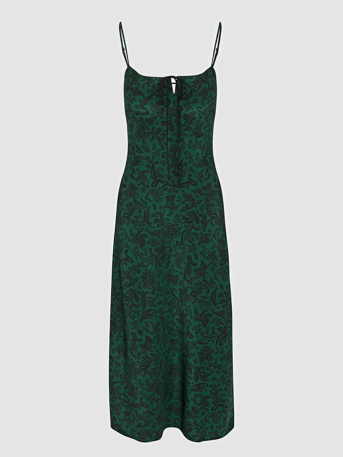 Vintage Paisley Tie Neck Silk Crepe Slip Midi Dress - Emerald Green