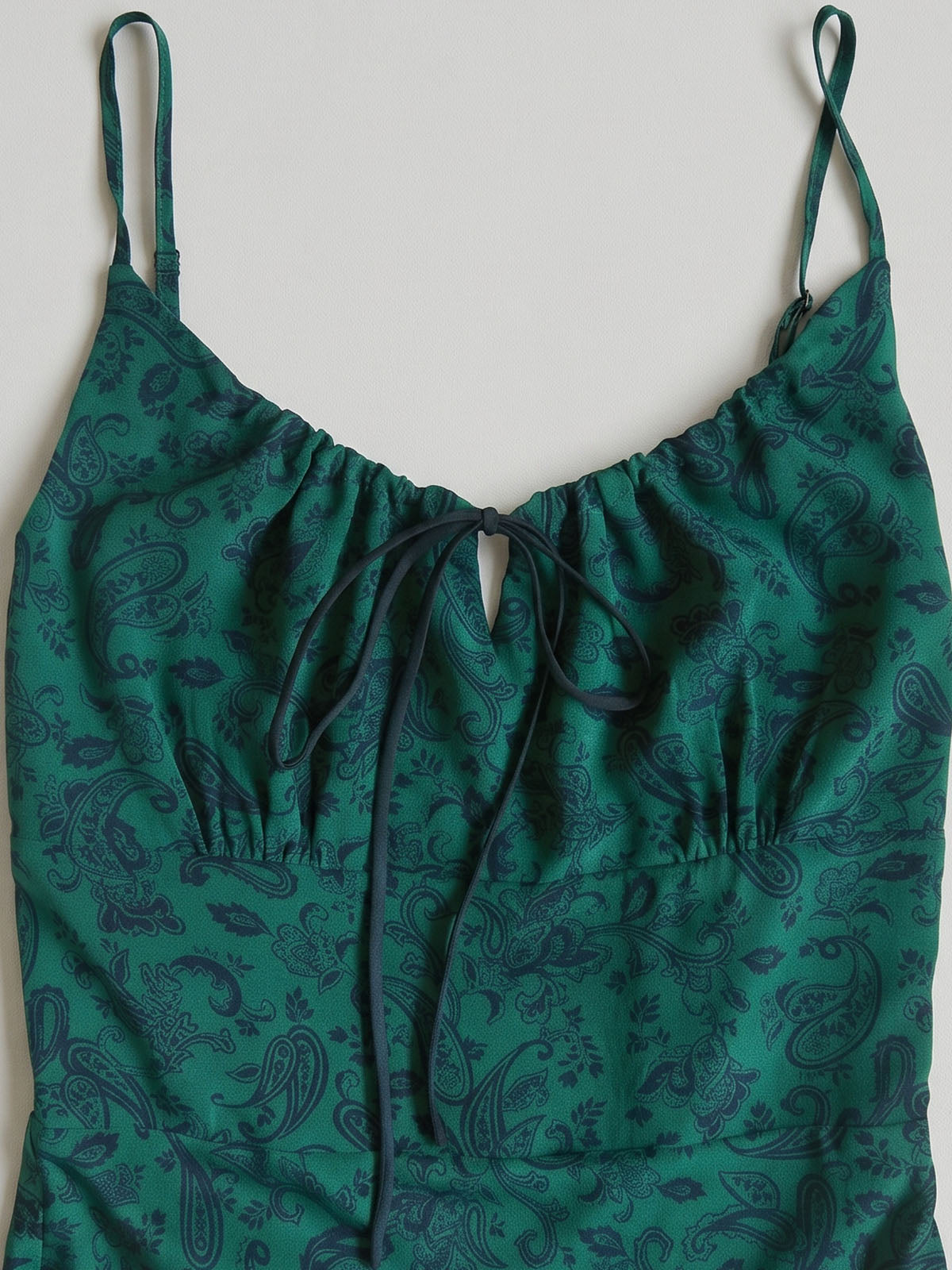 Vintage Paisley Tie Neck Silk Crepe Slip Midi Dress - Emerald Green