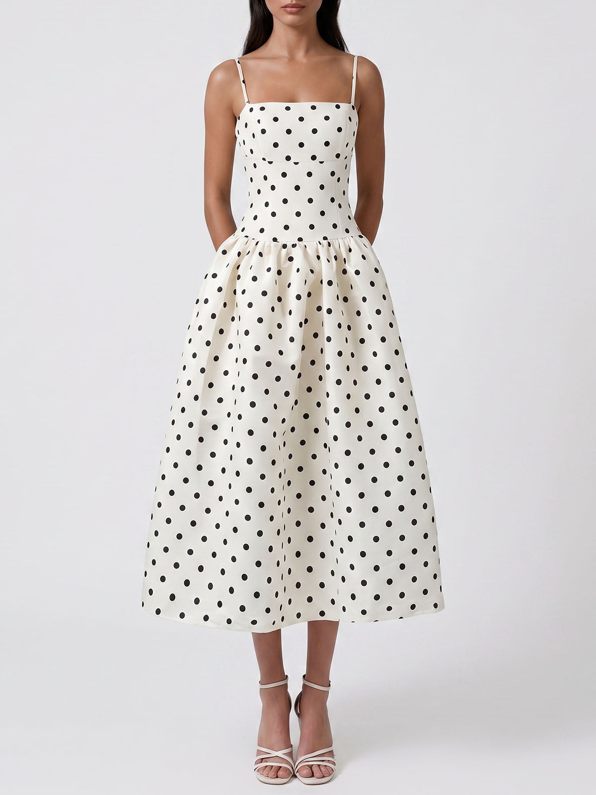 Vintage Polka Dot Fit and Flare Sleeveless Cocktail Midi Dress - Ivory