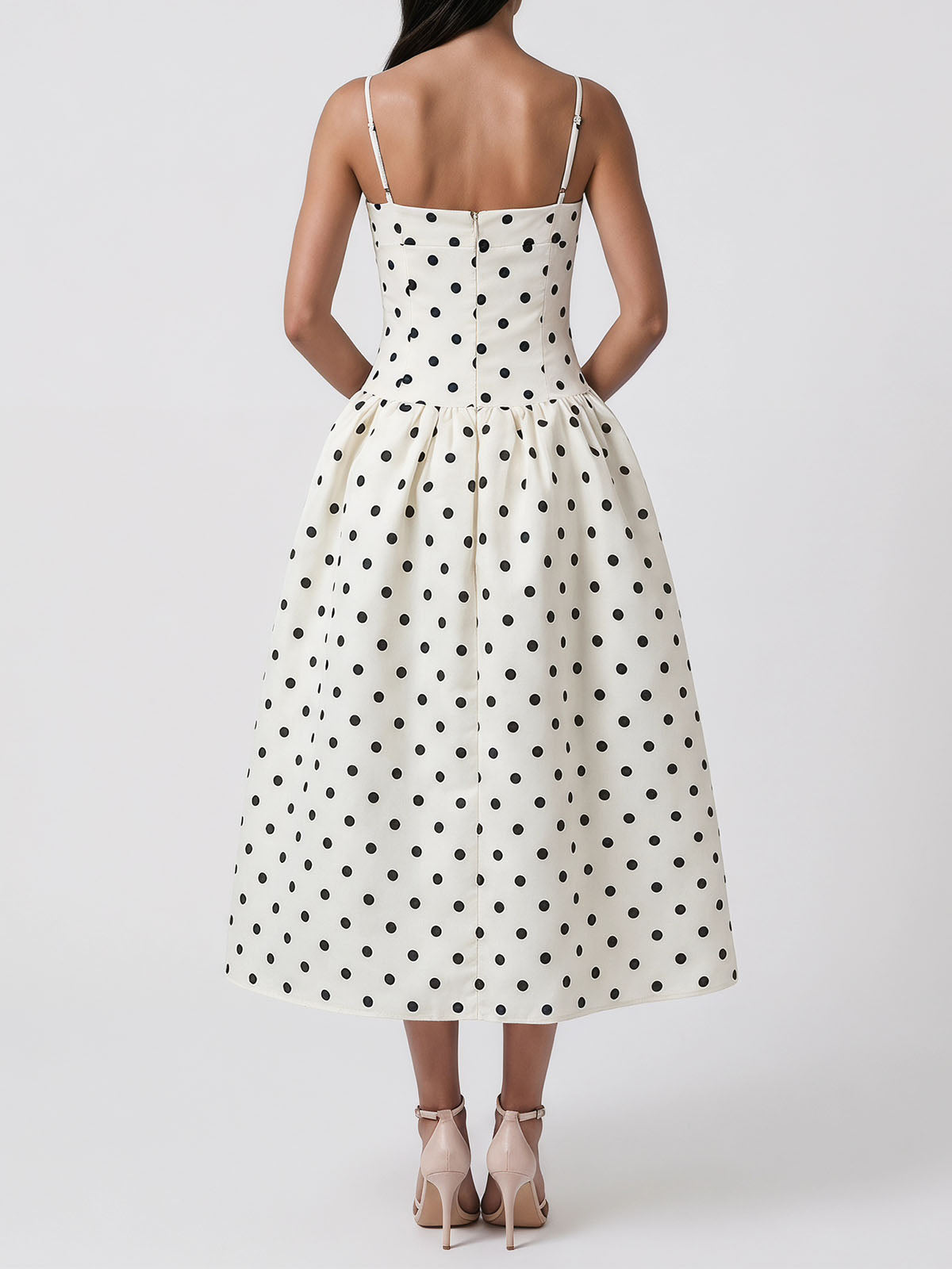 Vintage Polka Dot Fit and Flare Sleeveless Cocktail Midi Dress - Ivory