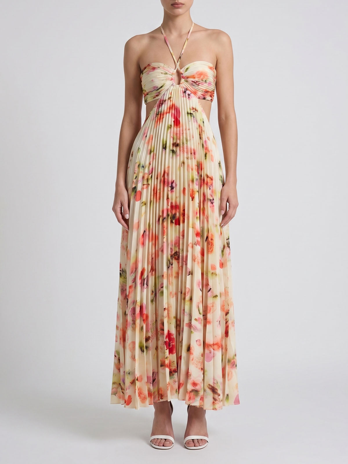 Watercolor Floral Cut Out Waist Tie Back Pleated Maxi Dress - Light Yellow