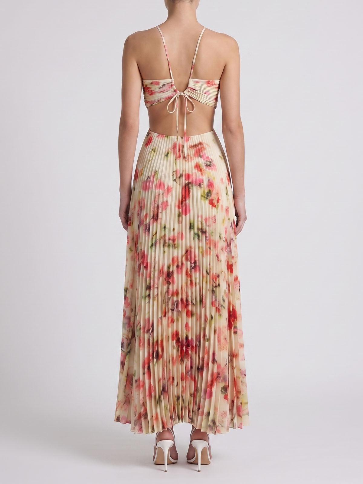 Watercolor Floral Cut Out Waist Tie Back Pleated Maxi Dress - Light Yellow