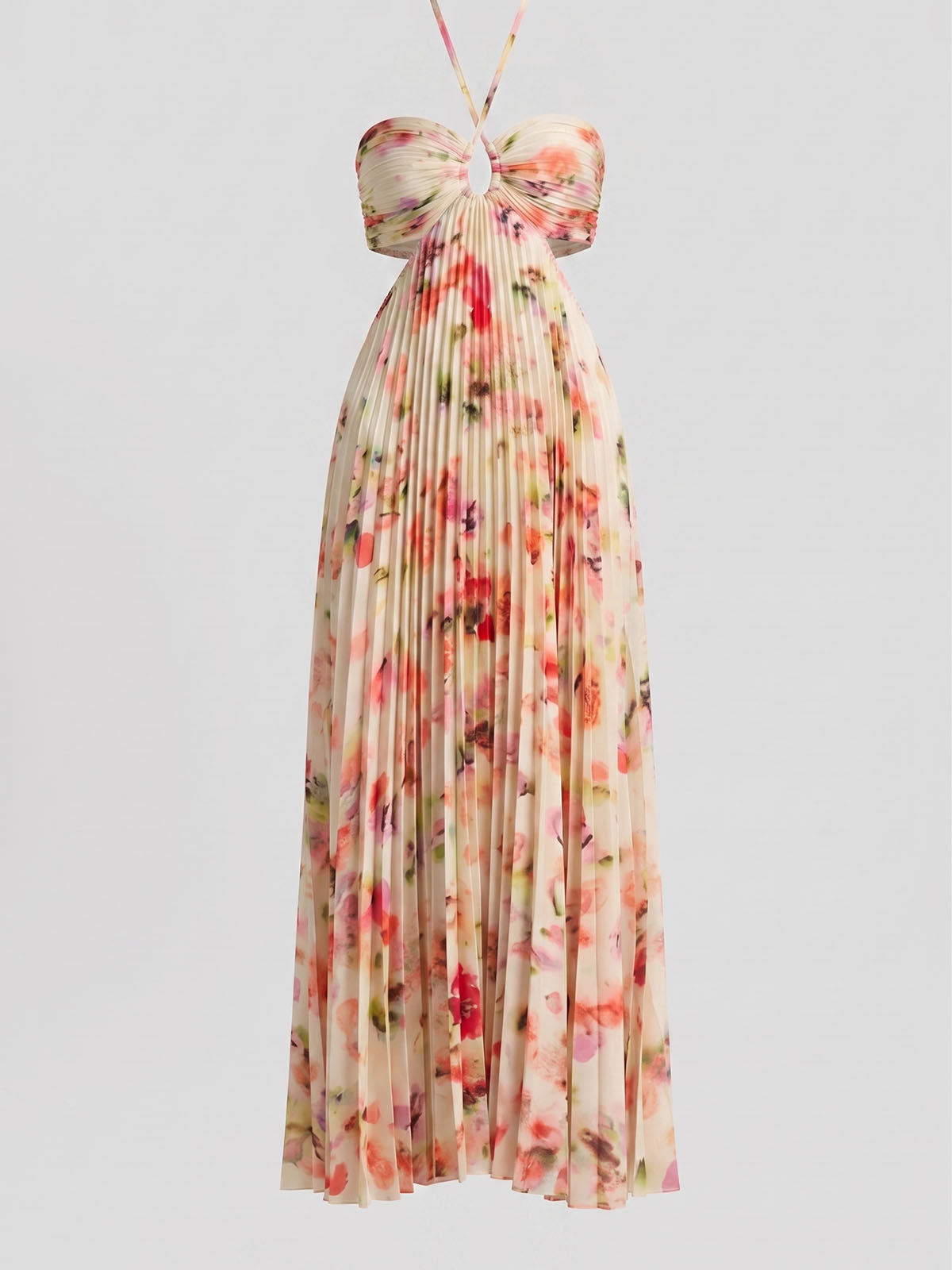 Watercolor Floral Cut Out Waist Tie Back Pleated Maxi Dress - Light Yellow