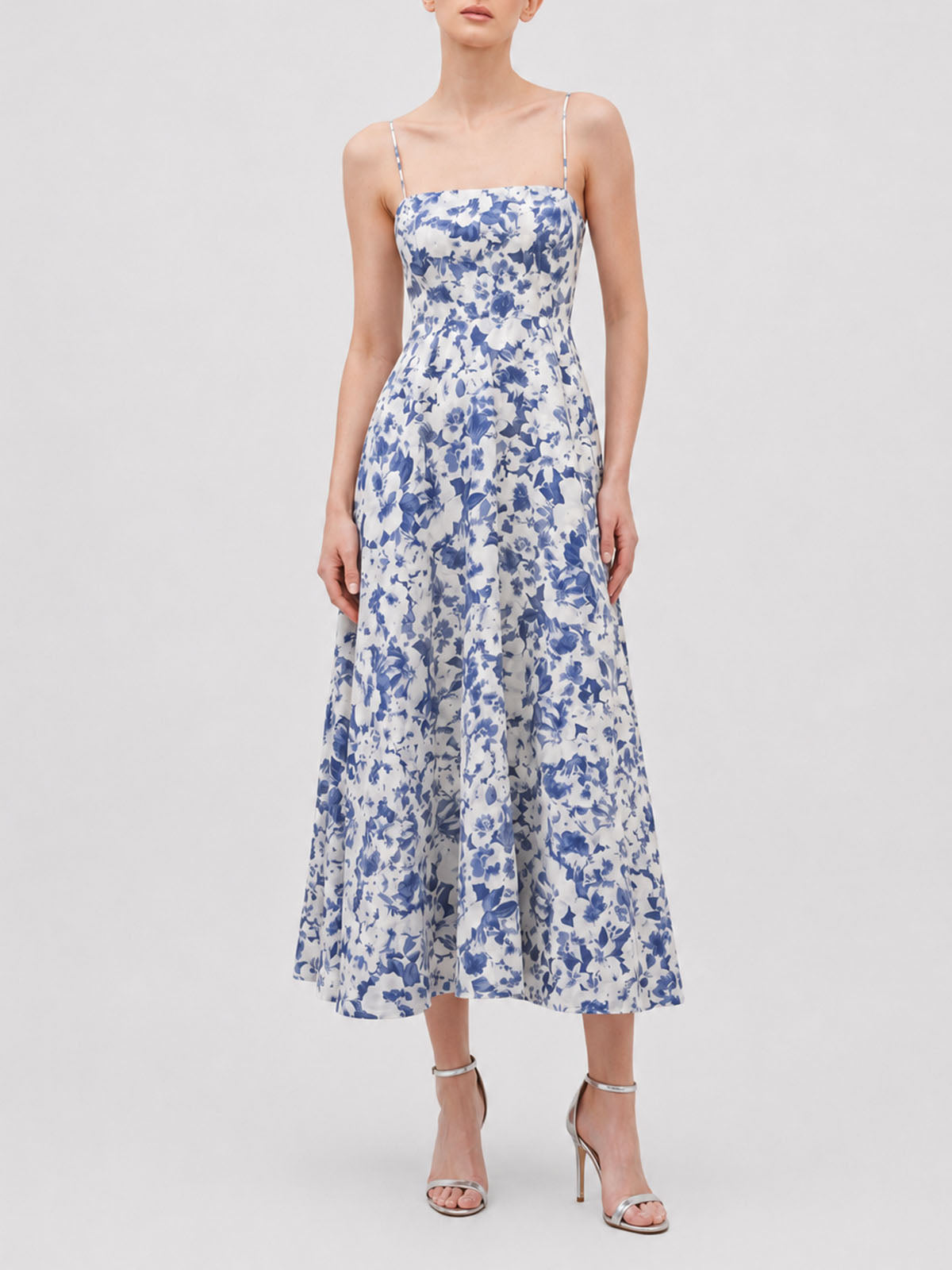 Watercolor Floral Spaghetti Fit & Flare Linen Slip Midi Dress - Blue
