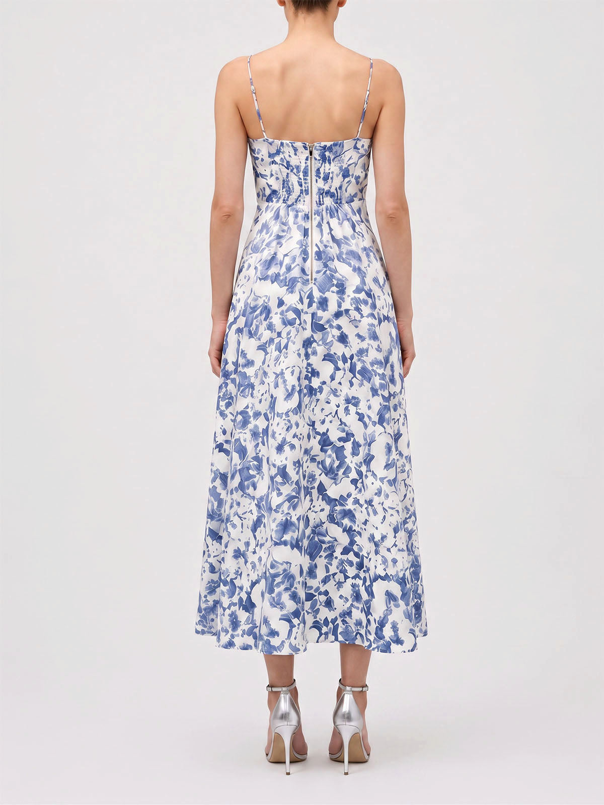 Watercolor Floral Spaghetti Fit & Flare Linen Slip Midi Dress - Blue
