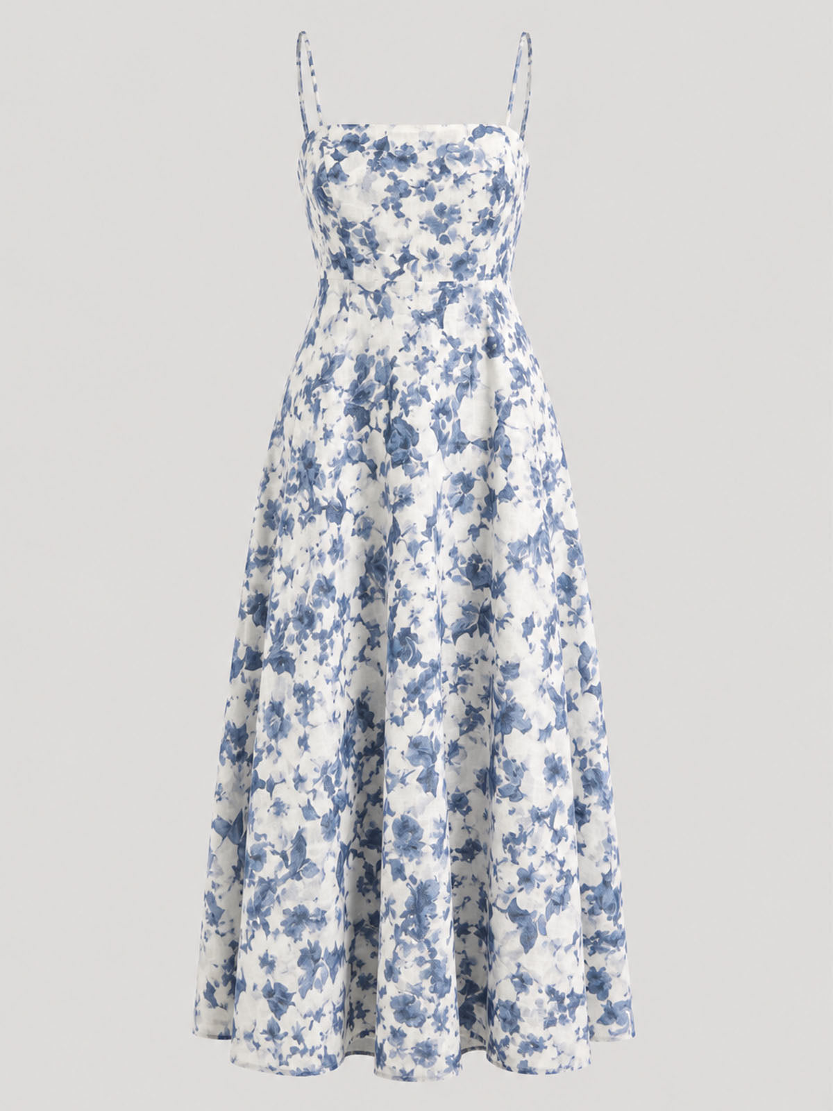 Watercolor Floral Spaghetti Fit & Flare Linen Slip Midi Dress - Blue